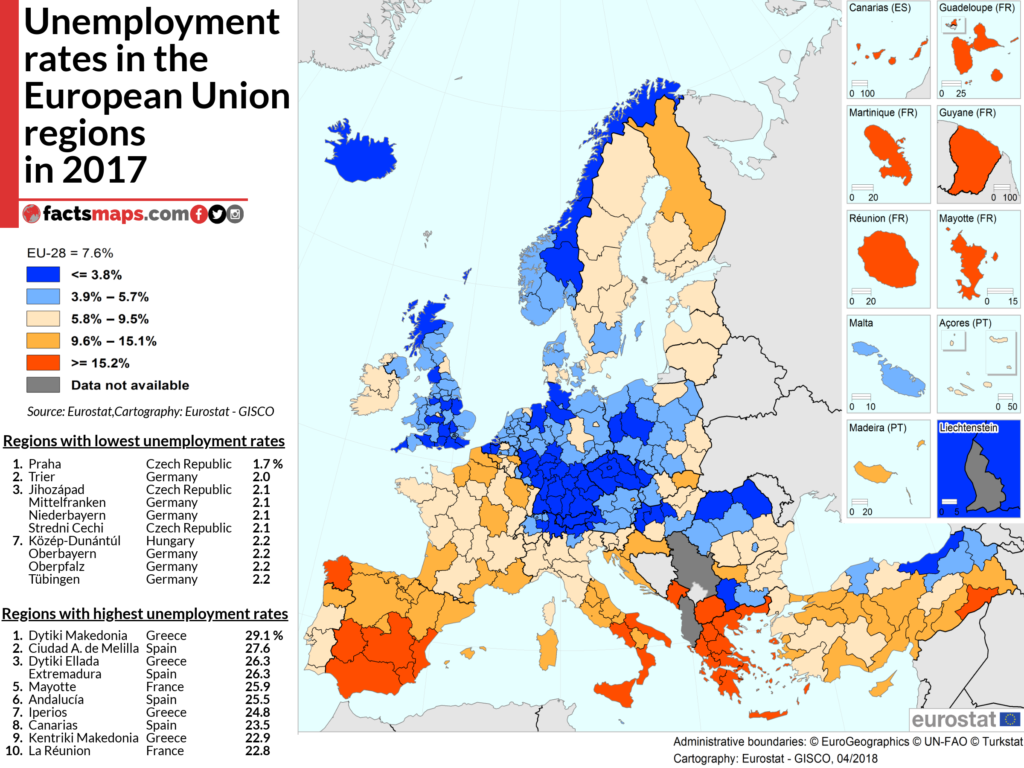 Unemployment rates in the European Union regions in 2017