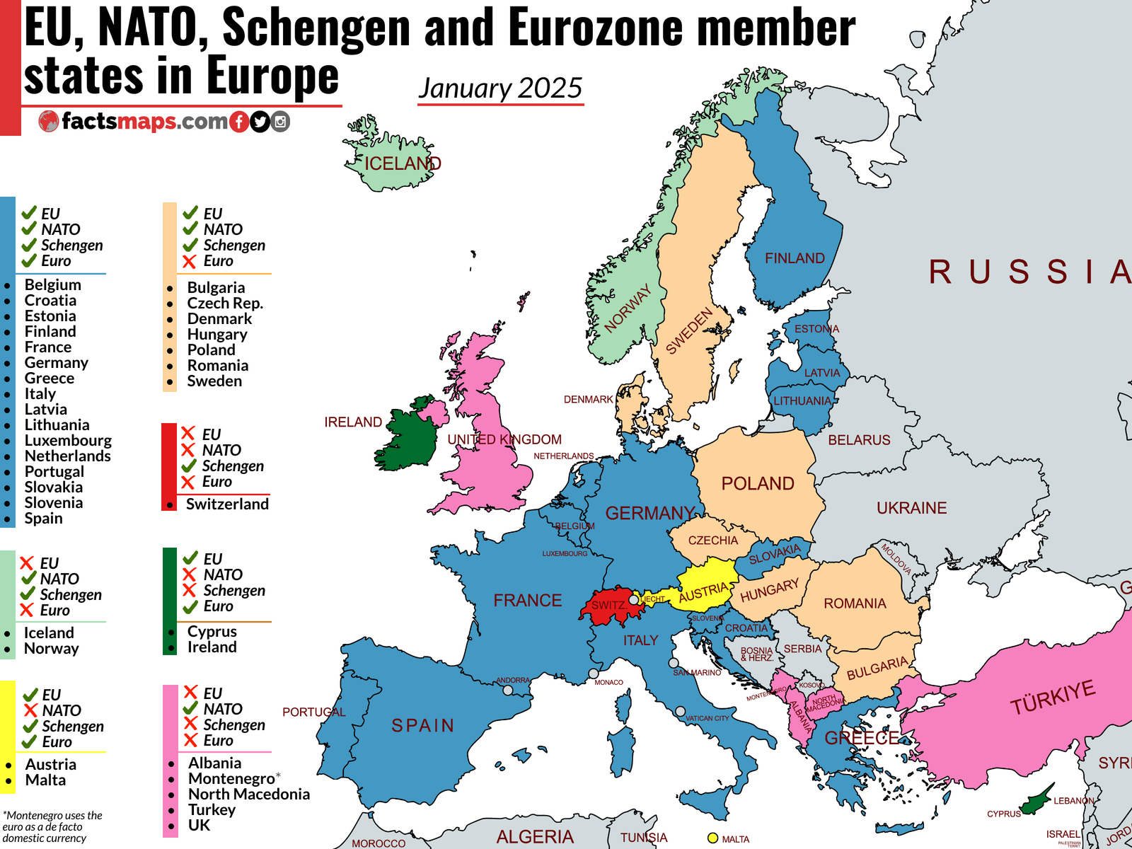 EU NATO Schengen And Eurozone Member States In Europe January 2025 